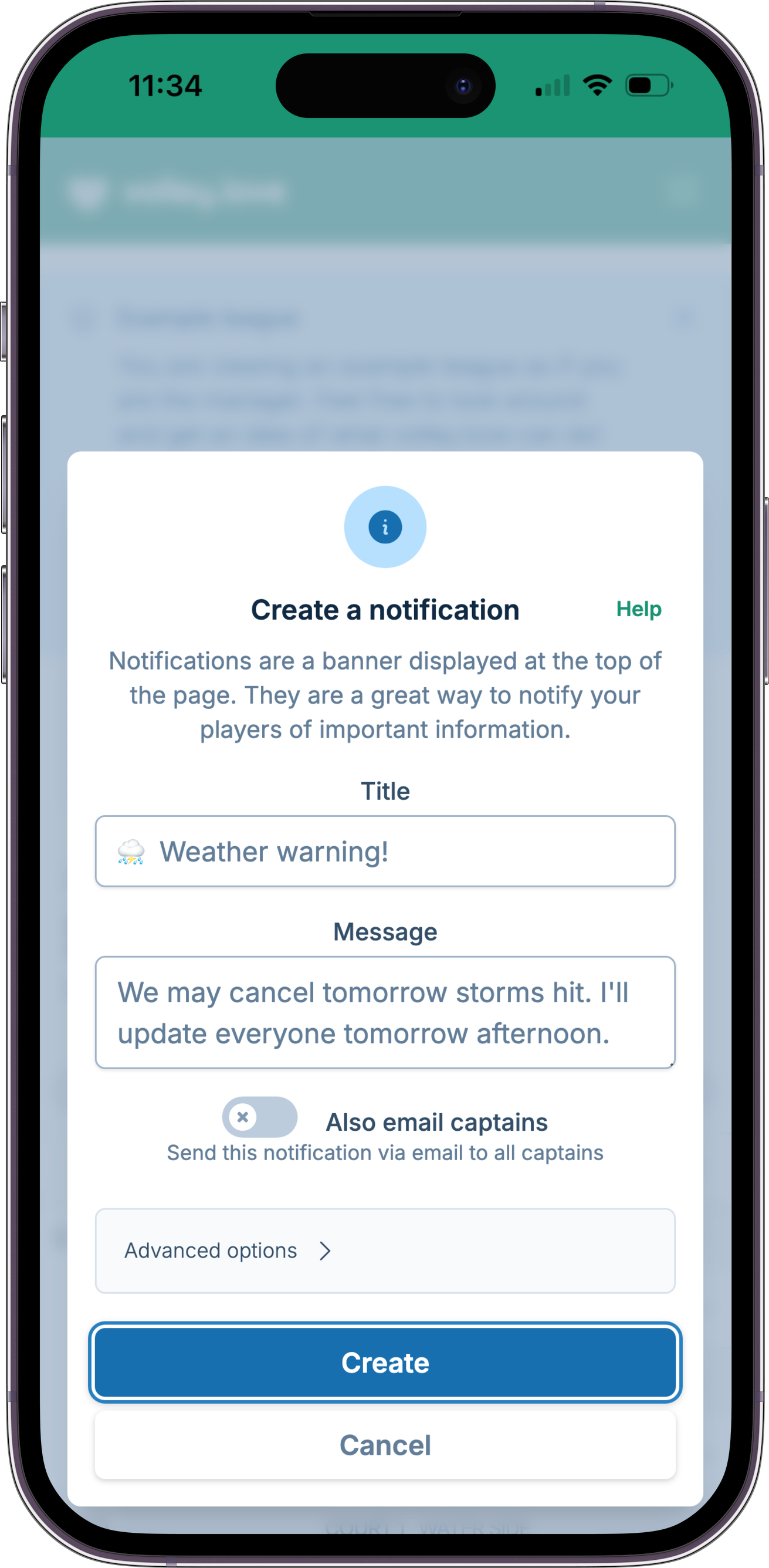 A screenshot showing the notification creation form, where a manager is notifying captains games may be canceled if the radar doesn't improve