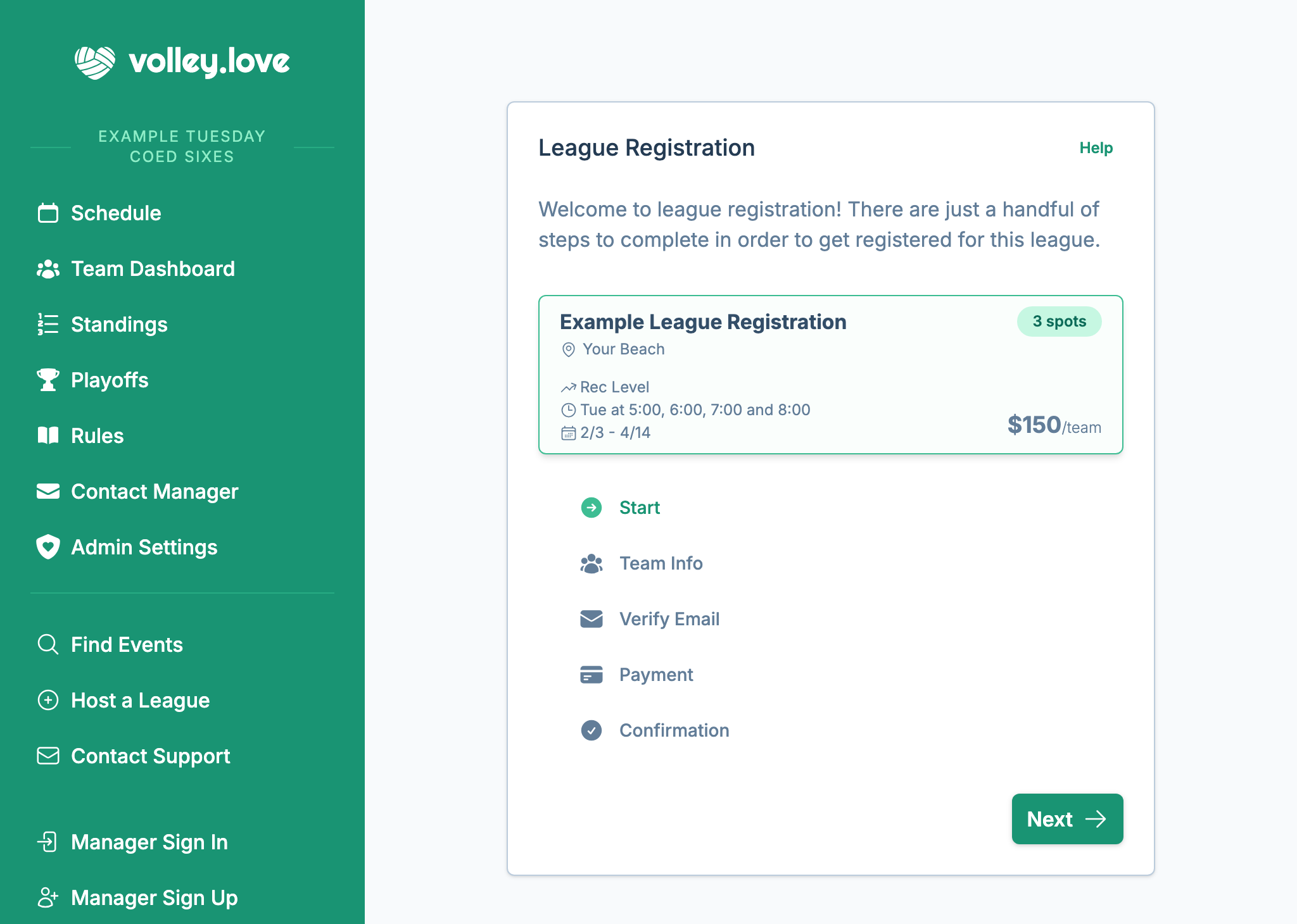A screenshot of the team registration experience