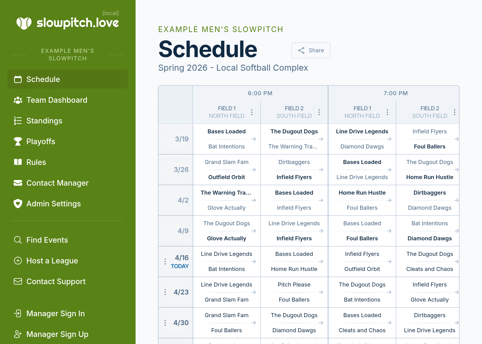 slowpitch.love schedule screenshot