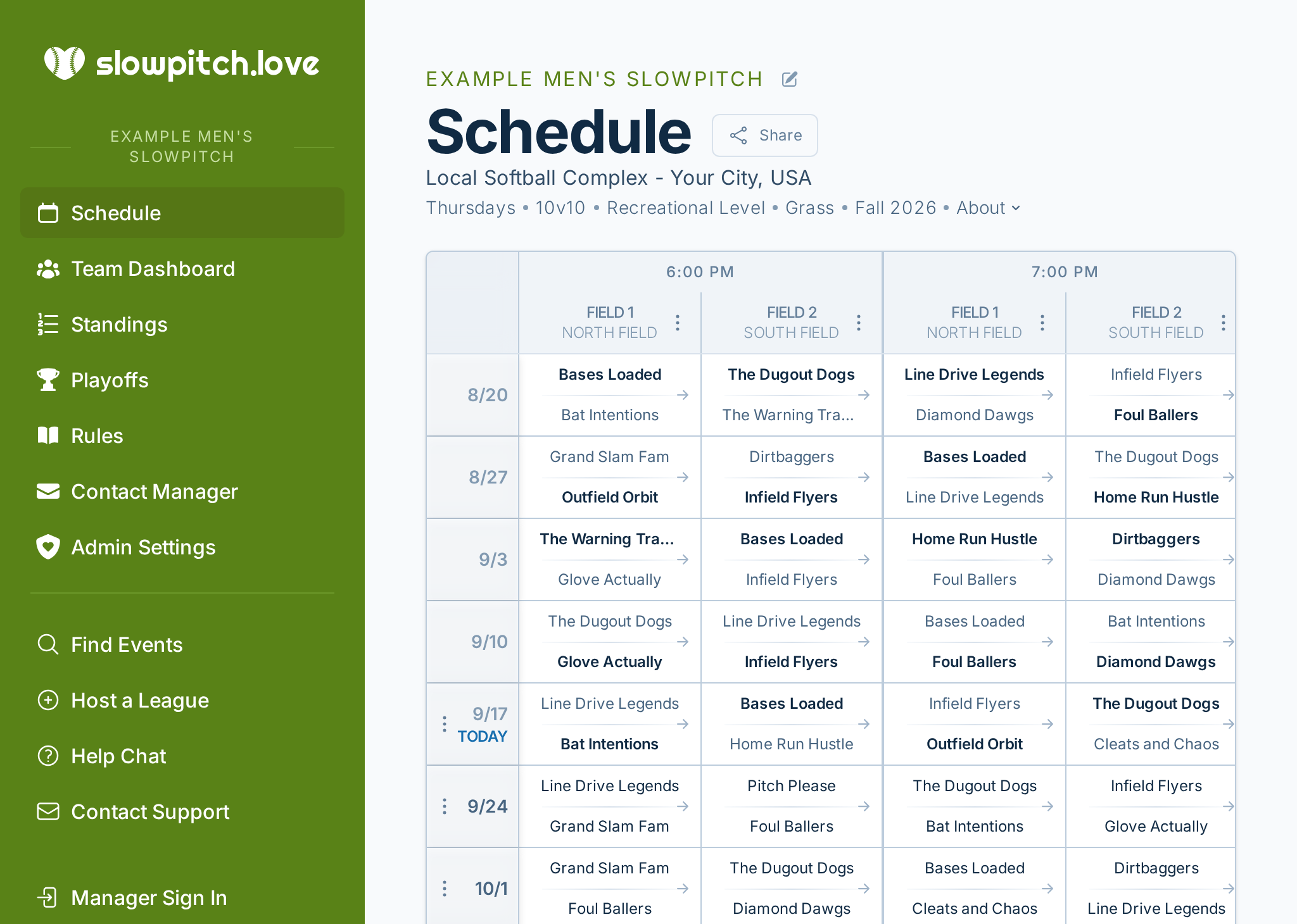 slowpitch.love schedule screenshot