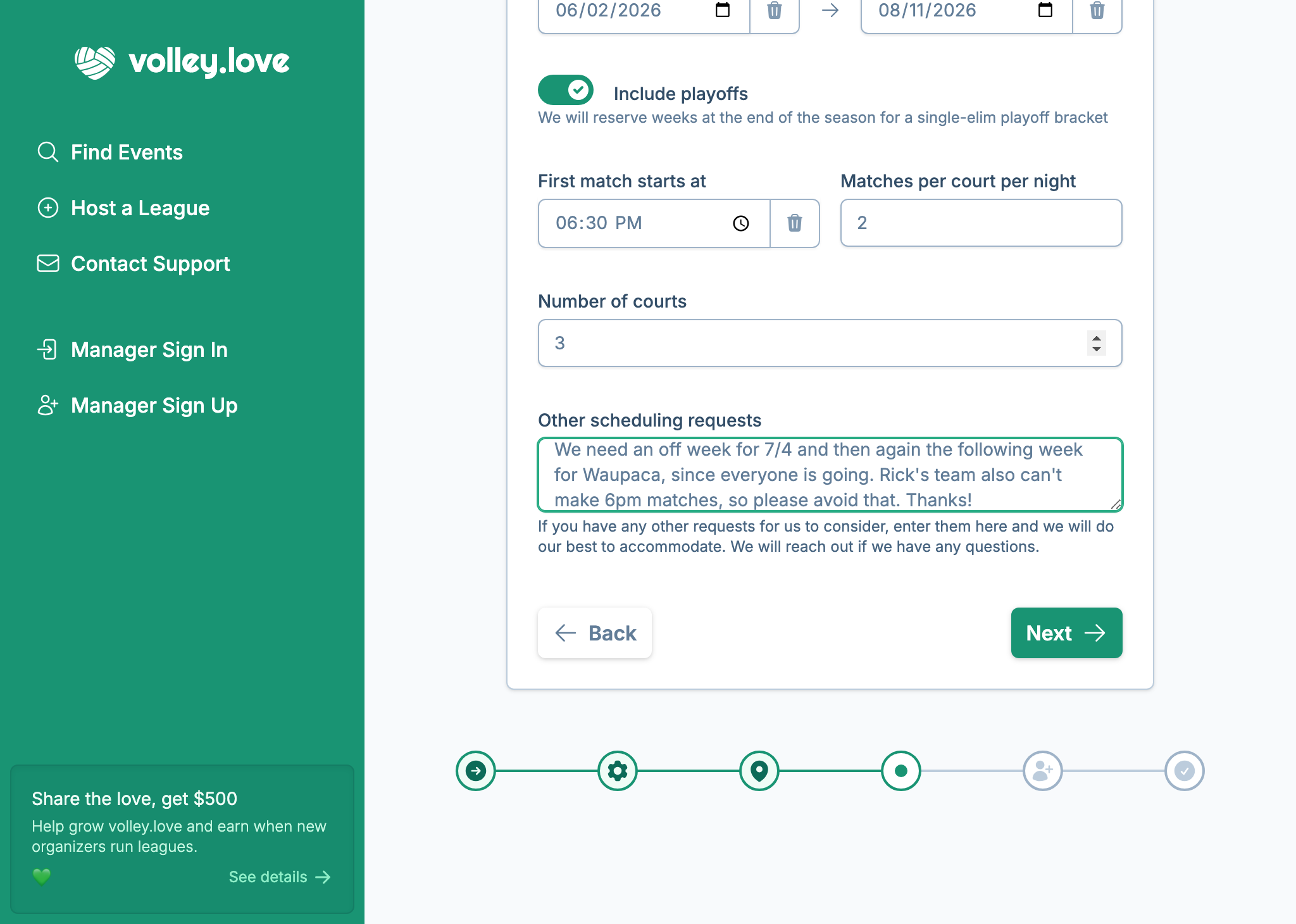 A screenshot of the league creation wizard where a league manager can enter scheduling constraints and preferences