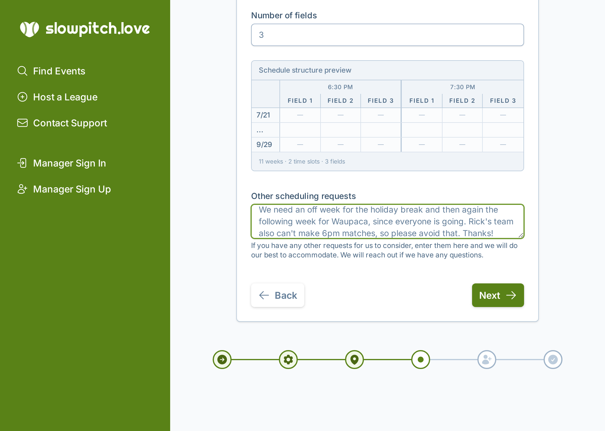A screenshot of the league creation wizard where a league manager can enter scheduling constraints and preferences