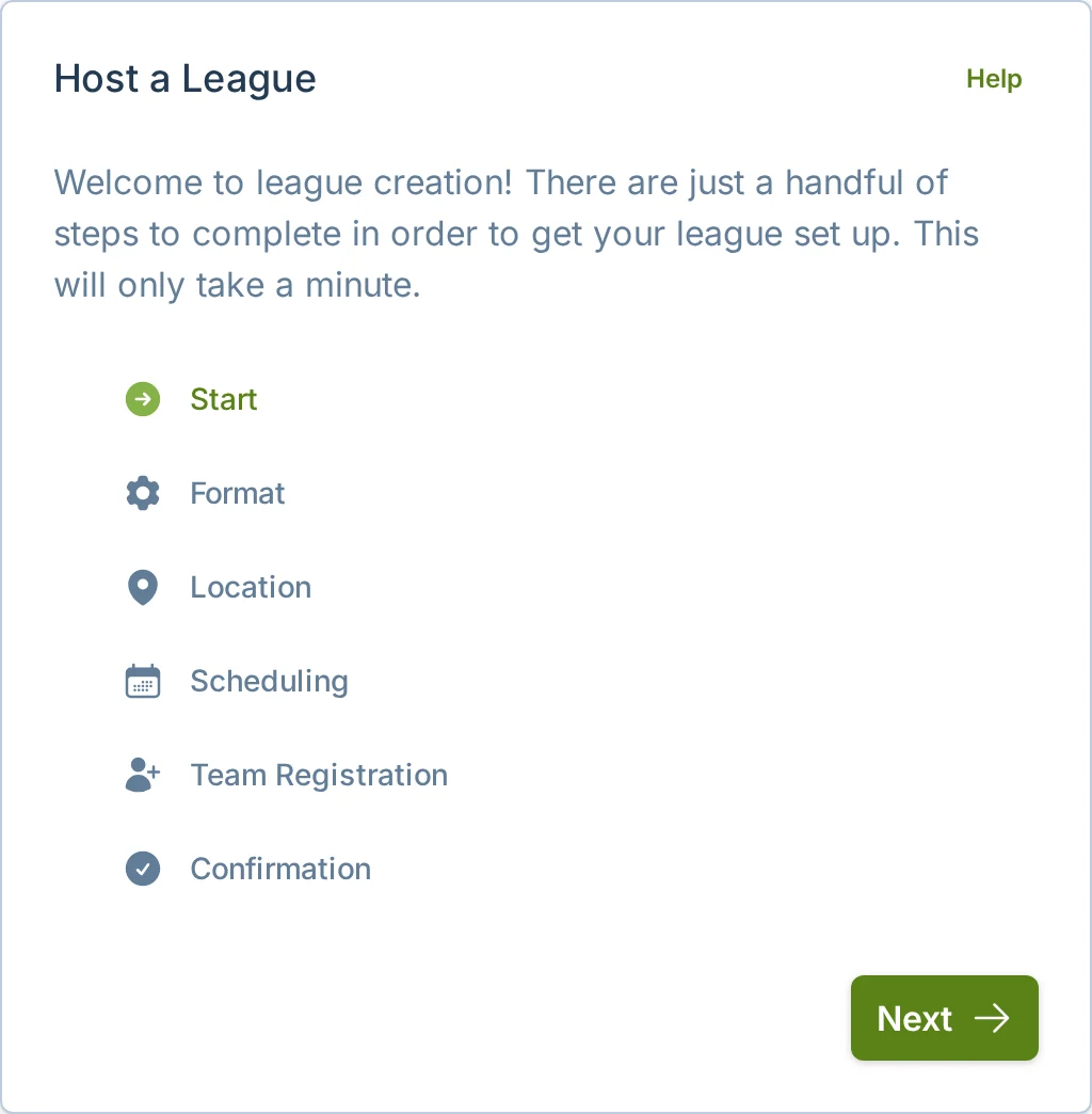 Create league wizard start screen in slowpitch.love, a softball league launch platform