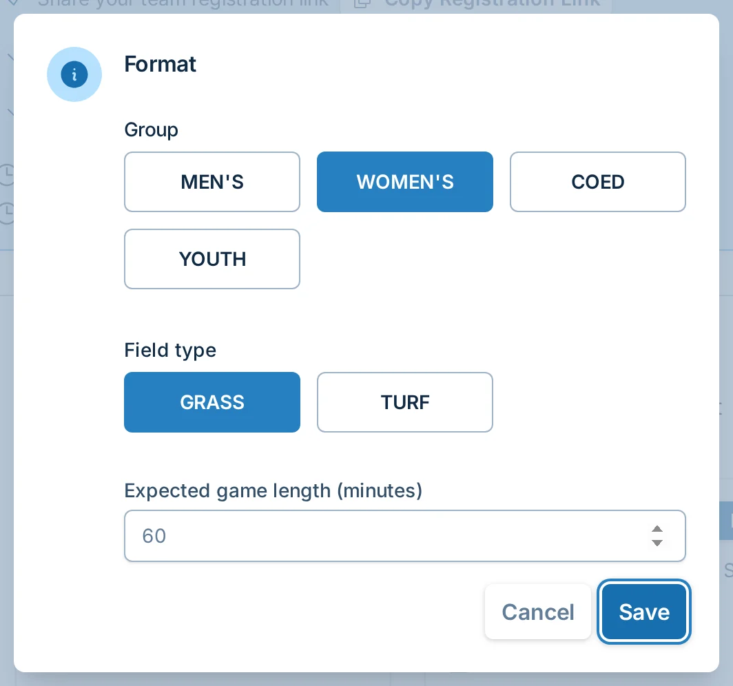 Edit format dialog in slowpitch.love, a softball league setup editor