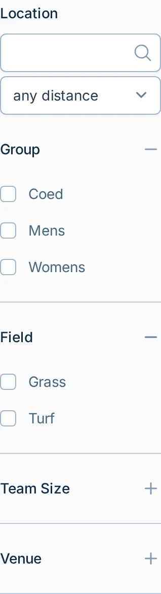 League finder filters in slowpitch.love, a softball league search page