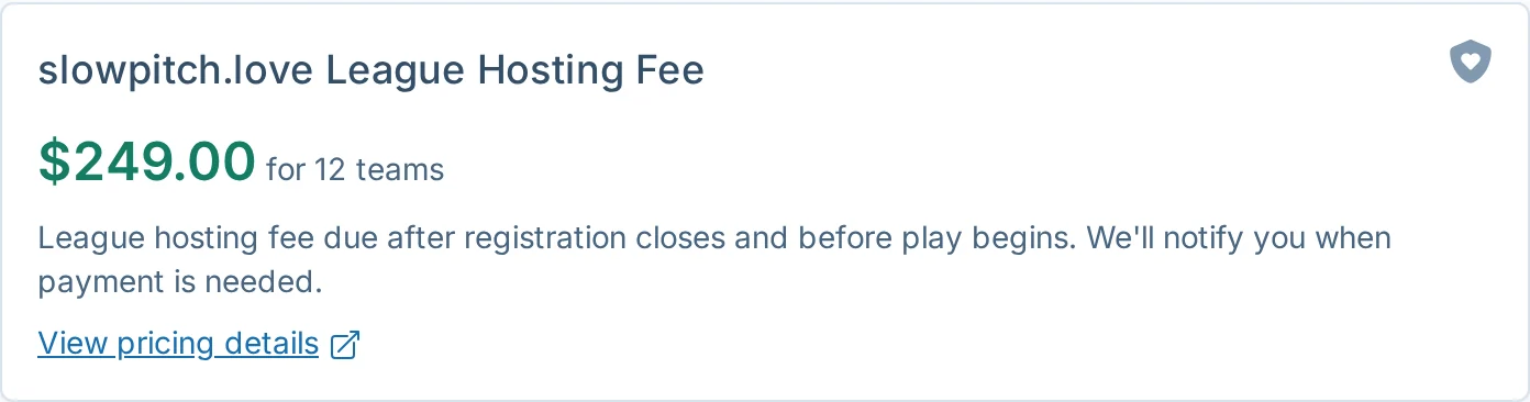 League hosting fee summary in slowpitch.love, a softball league management billing screen