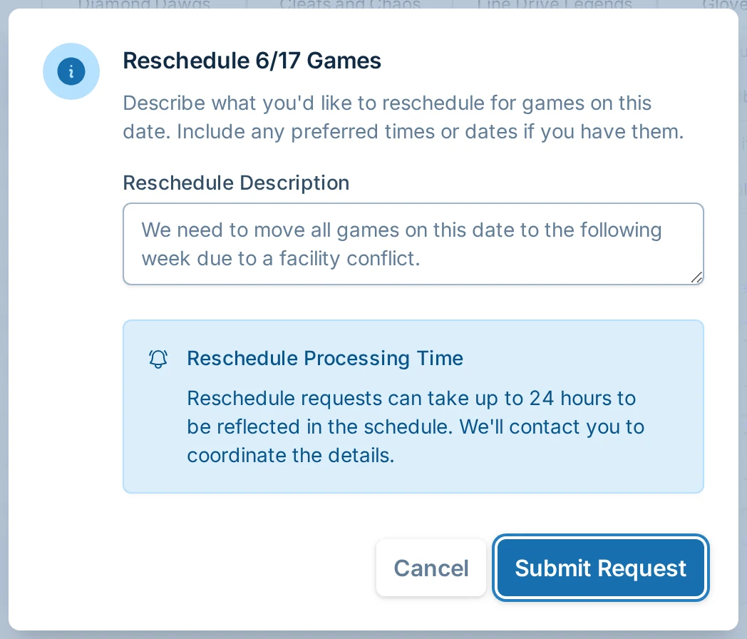 Request all games on one date to be rescheduled in slowpitch.love, a softball schedule management app