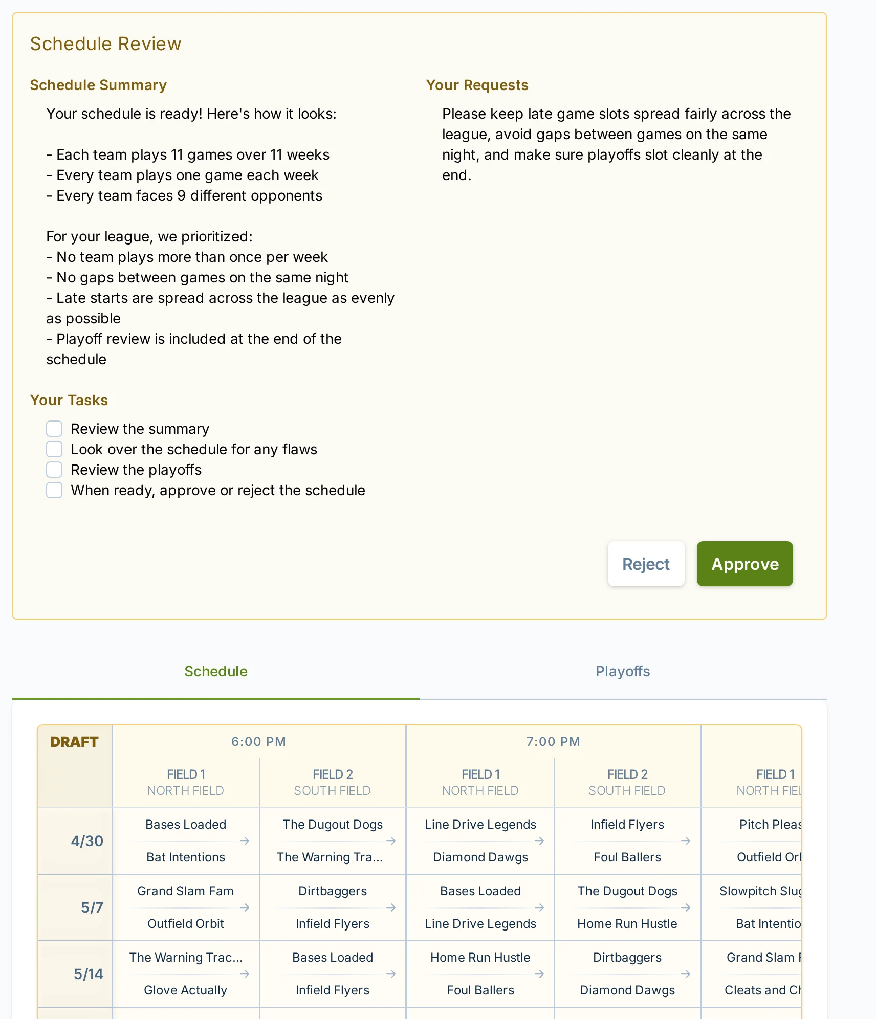 Schedule review screen in slowpitch.love, a softball scheduling app for league managers