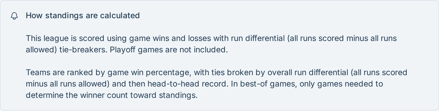 How standings are calculated explanation in slowpitch.love, a softball league management app
