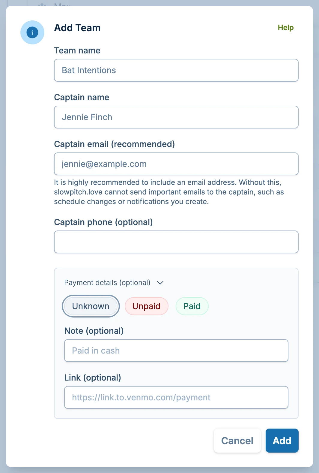 Add team dialog in slowpitch.love, a softball team signup platform