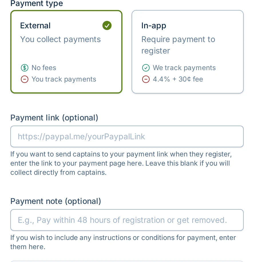 External payment link and note fields in slowpitch.love, a softball registration payments settings screen