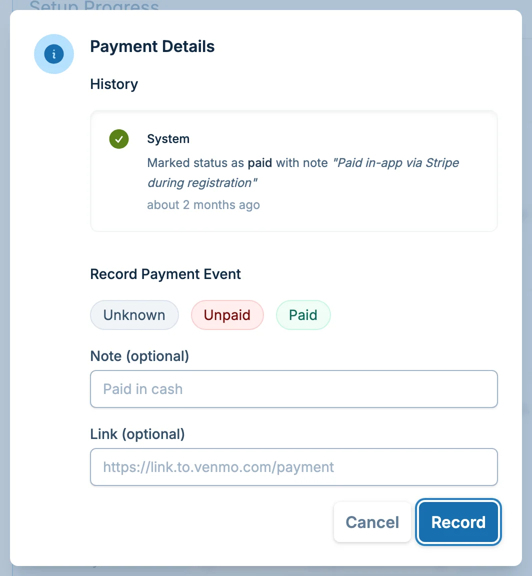 Team payment details dialog in slowpitch.love, a softball registration payments dashboard