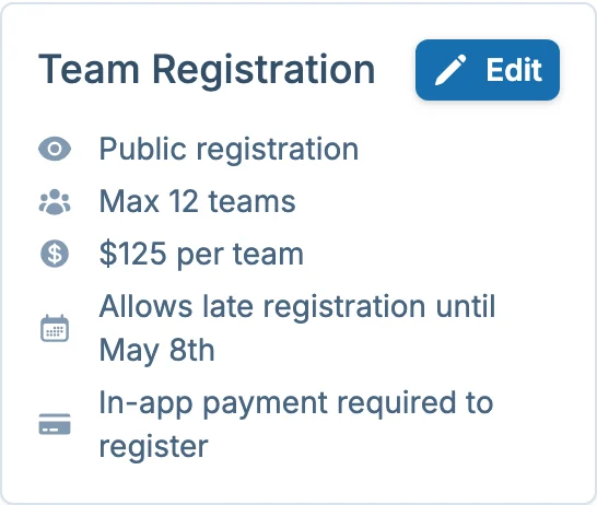 Team registration summary in slowpitch.love, a softball signup platform for league managers