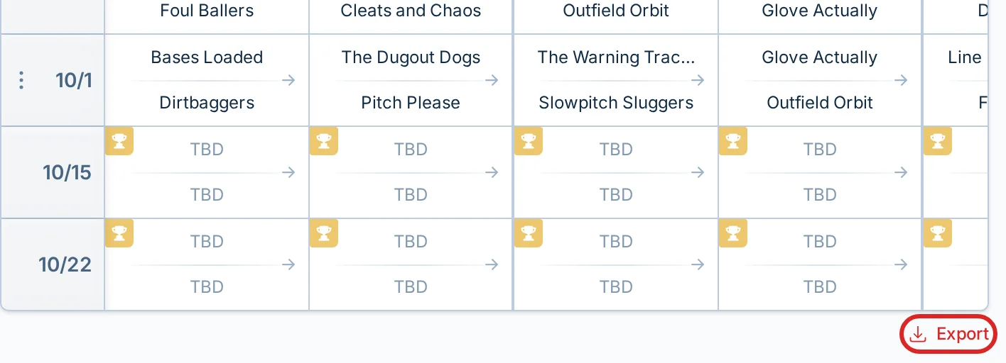 The Export control below a league schedule in slowpitch.love