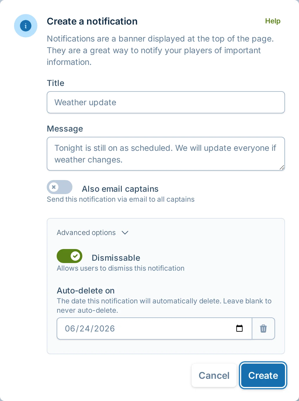 Notification advanced options in slowpitch.love, a softball league manager communication tool