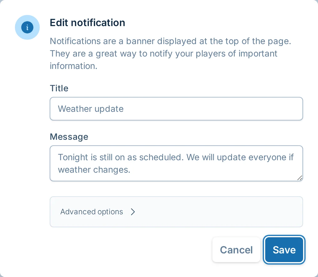 Edit notification dialog in slowpitch.love, a softball league manager communication tool
